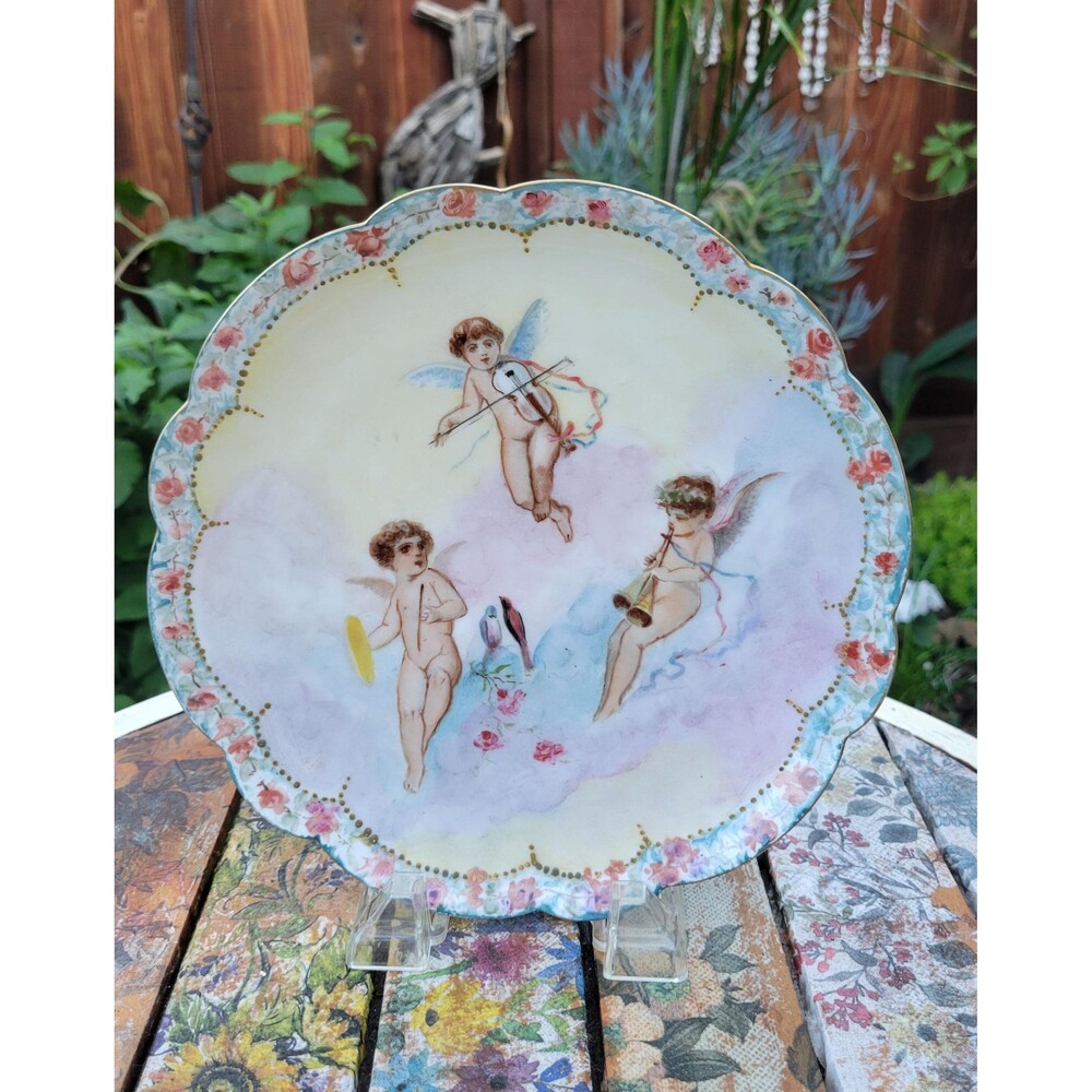 Antique Limoges Hand-Painted Cherub Plate — Musical Putti, Gilded Scalloped Rim,